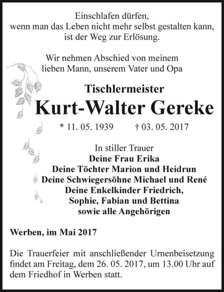  Traueranzeige für Kurt-Walter Gereke  vom 20.05.2017 aus Magdeburger Volksstimme