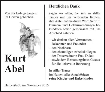 Traueranzeige von Kurt Abel  von Magdeburger Volksstimme