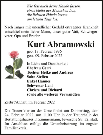 Traueranzeige von Kurt Abramowski  von Magdeburger Volksstimme