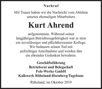 Traueranzeige von Kurt Ahrend  von Magdeburger Volksstimme