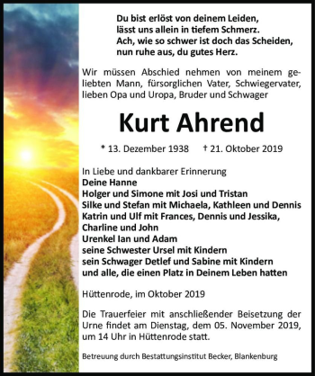 Traueranzeige von Kurt Ahrend  von Magdeburger Volksstimme