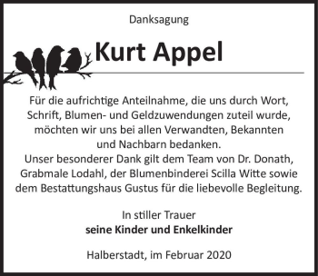 Traueranzeige von Kurt Appel  von Magdeburger Volksstimme