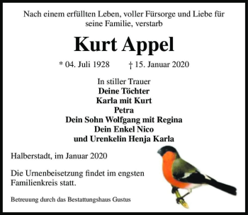 Traueranzeige von Kurt Appel  von Magdeburger Volksstimme