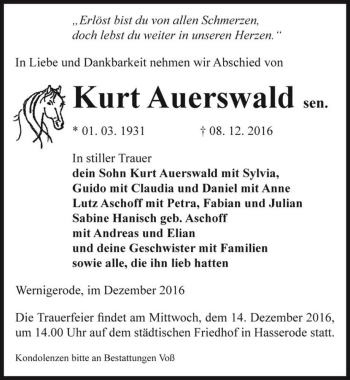 Traueranzeige von Kurt Auerswald sen.  von Magdeburger Volksstimme