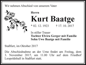 Traueranzeige von Kurt Baatge  von Magdeburger Volksstimme
