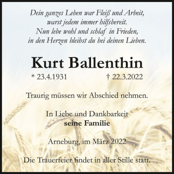 Traueranzeige von Kurt Ballenthin  von Magdeburger Volksstimme