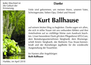 Traueranzeige von Kurt Ballhause  von Magdeburger Volksstimme