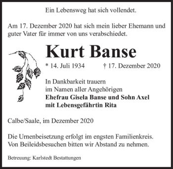 Traueranzeige von Kurt Banse  von Magdeburger Volksstimme