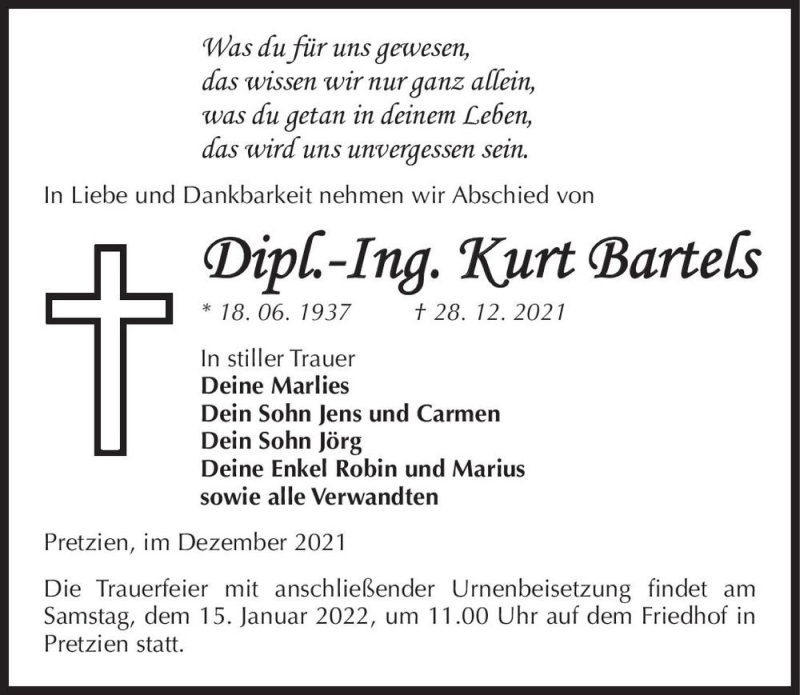  Traueranzeige für Kurt Bartels  vom 08.01.2022 aus Magdeburger Volksstimme