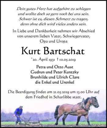 Traueranzeige von Kurt Bartschat  von Magdeburger Volksstimme