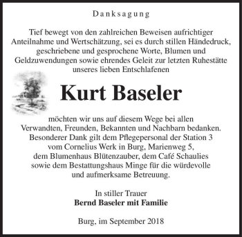 Traueranzeige von Kurt Baseler  von Magdeburger Volksstimme