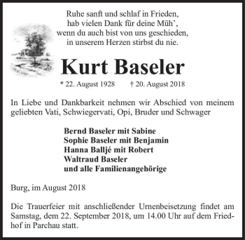 Traueranzeige von Kurt Baseler  von Magdeburger Volksstimme