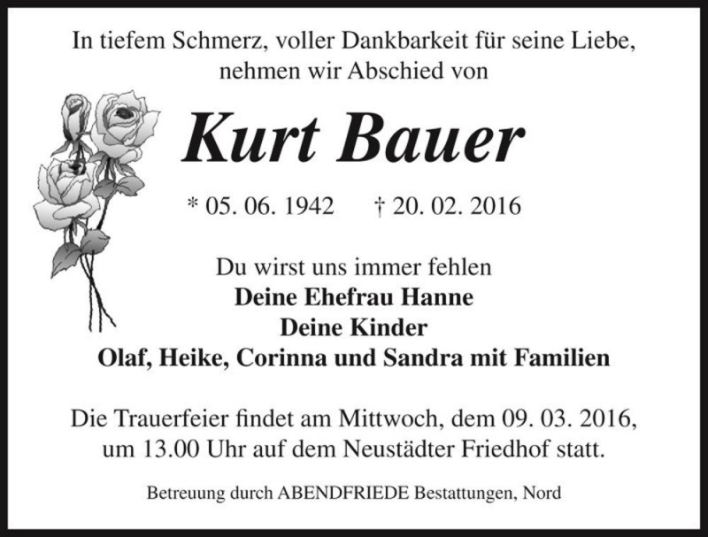  Traueranzeige für Kurt Bauer  vom 27.02.2016 aus Magdeburger Volksstimme