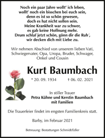 Traueranzeige von Kurt Baumbach  von Magdeburger Volksstimme