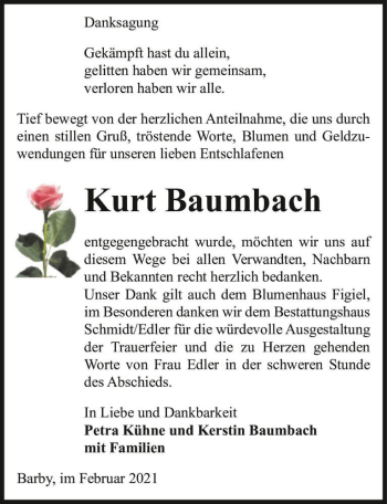 Traueranzeige von Kurt Baumbach  von Magdeburger Volksstimme