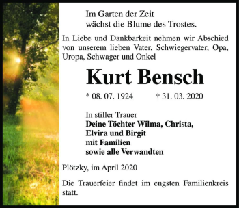 Traueranzeige von Kurt Bensch  von Magdeburger Volksstimme