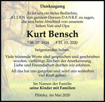 Traueranzeige von Kurt Bensch  von Magdeburger Volksstimme
