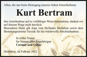 Traueranzeige von Kurt Bertram  von Magdeburger Volksstimme