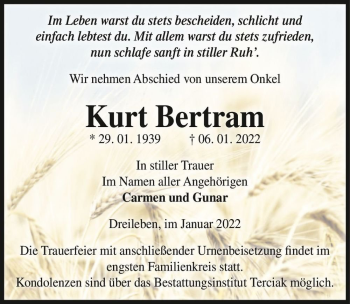 Traueranzeige von Kurt Bertram  von Magdeburger Volksstimme