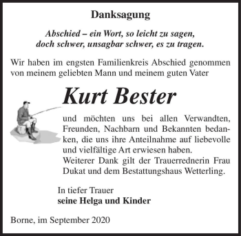 Traueranzeige von Kurt Bester  von Magdeburger Volksstimme