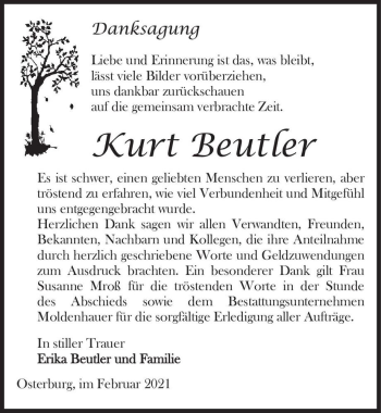Traueranzeige von Kurt Beutler  von Magdeburger Volksstimme