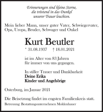 Traueranzeige von Kurt Beutler  von Magdeburger Volksstimme