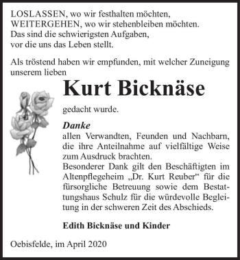 Traueranzeige von Kurt Bicknäse  von Magdeburger Volksstimme