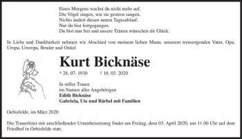 Traueranzeige von Kurt Bicknäse  von Magdeburger Volksstimme