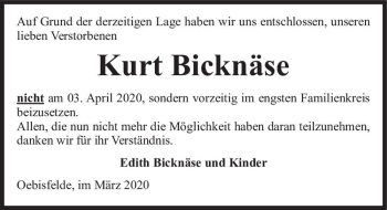 Traueranzeige von Kurt Bicknäse  von Magdeburger Volksstimme