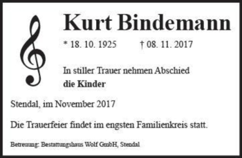 Traueranzeige von Kurt Bindemann  von Magdeburger Volksstimme