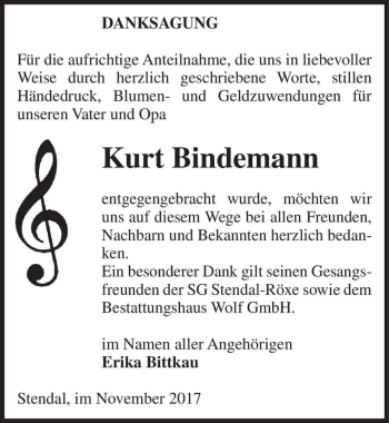 Traueranzeige von Kurt Bindemann  von Magdeburger Volksstimme