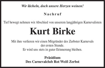 Traueranzeige von Kurt Birke  von Magdeburger Volksstimme