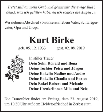 Traueranzeige von Kurt Birke  von Magdeburger Volksstimme