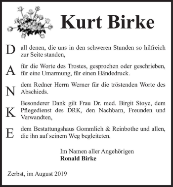 Traueranzeige von Kurt Birke  von Magdeburger Volksstimme