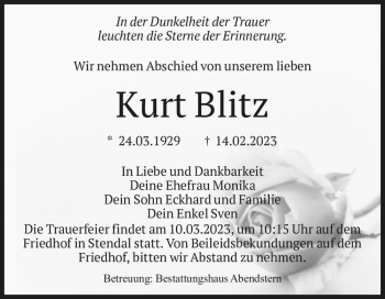 Traueranzeige von Kurt Blitz  von Magdeburger Volksstimme