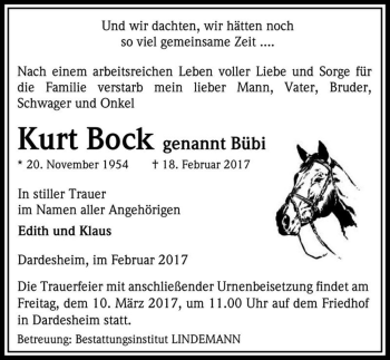 Traueranzeige von Kurt Bock 