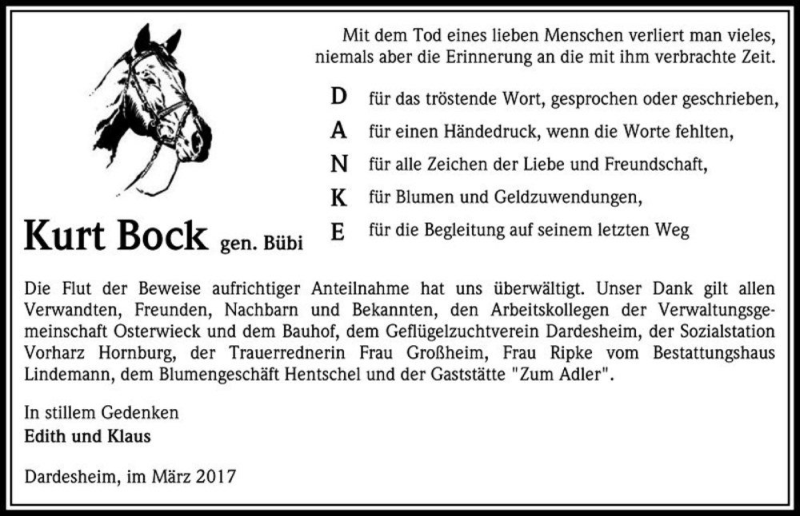  Traueranzeige für Kurt Bock (gen. Bübi)  vom 18.03.2017 aus Magdeburger Volksstimme