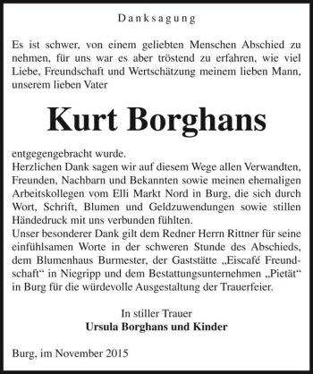 Traueranzeige von Kurt Borghans  von Magdeburger Volksstimme