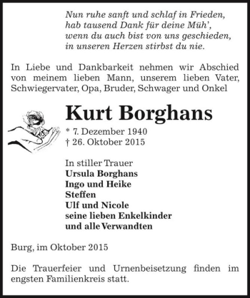 Traueranzeige von Kurt Borghans  von Magdeburger Volksstimme