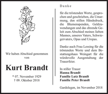 Traueranzeige von Kurt Brandt  von Magdeburger Volksstimme