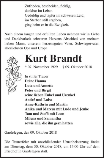 Traueranzeige von Kurt Brandt  von Magdeburger Volksstimme