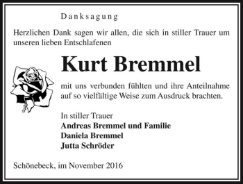 Traueranzeige von Kurt Bremmel  von Magdeburger Volksstimme