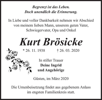 Traueranzeige von Kurt Brösicke  von Magdeburger Volksstimme