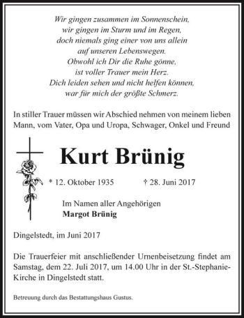 Traueranzeige von Kurt Brünig  von Magdeburger Volksstimme