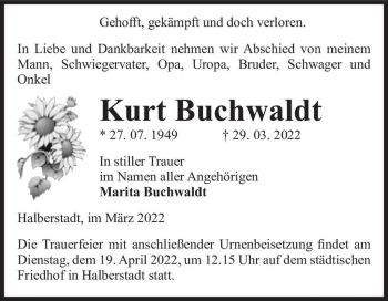Traueranzeige von Kurt Buchwaldt  von Magdeburger Volksstimme