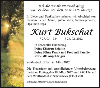 Traueranzeige von Kurt Bukschat  von Magdeburger Volksstimme