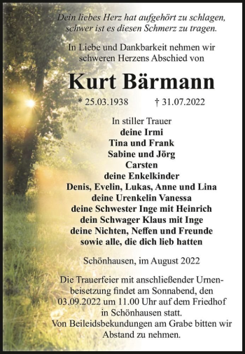 Traueranzeige von Kurt Bärmann  von Magdeburger Volksstimme