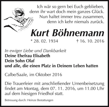 Traueranzeige von Kurt Böhnemann  von Magdeburger Volksstimme