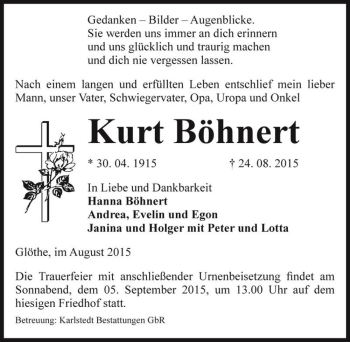 Traueranzeige von Kurt Böhnert  von Magdeburger Volksstimme
