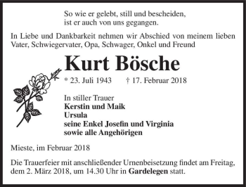 Traueranzeige von Kurt Bösche  von Magdeburger Volksstimme